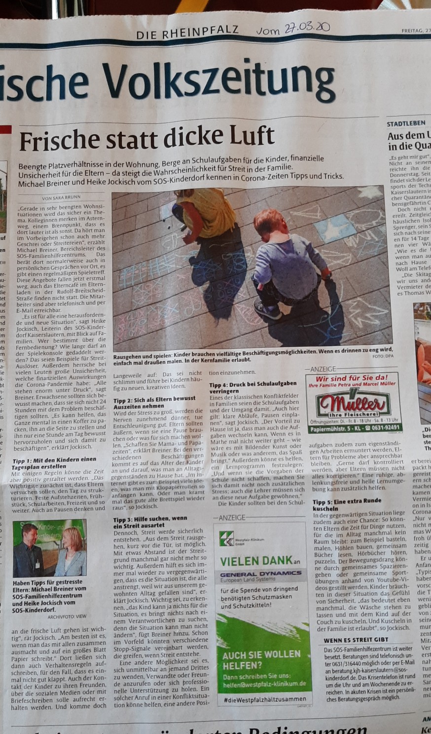 Aktueller Zeitungsbericht Rheinpfalz vom 27.03.2020